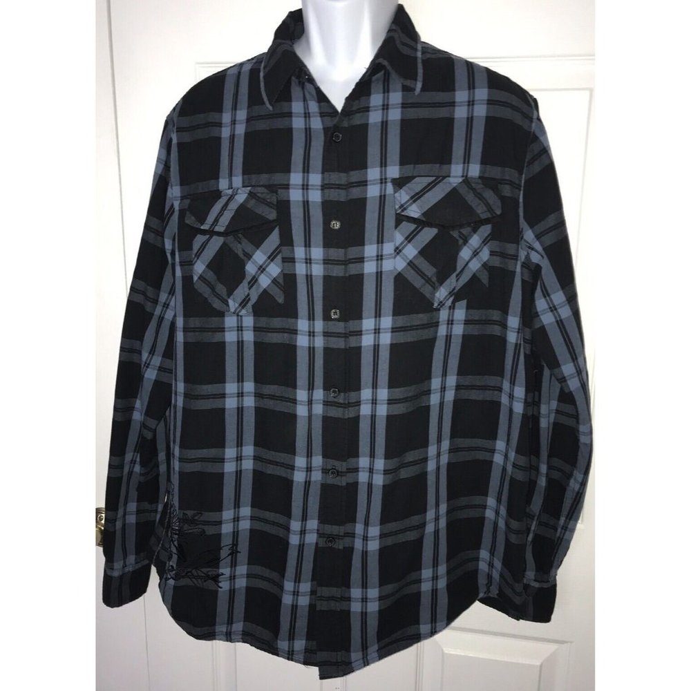 MMA Elite Mens XL Button Front Blue Plaid Cotton Shirt With Rose and Dagger